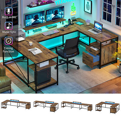 #ad LED U Shaped Computer Desk with Power Outlet Reversible L Shaped Desk w Drawers $172.99