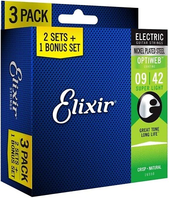 #ad *3 SETS ELIXIR 19002 OPTIWEB COATED ELECTRIC GUITAR STRINGS SUPER LIGHT 9 42* $36.98