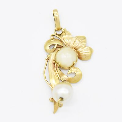 #ad 18k Yellow Gold Estate Double Pearl Leaf Pendant $199.19