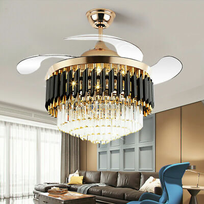 #ad 42quot; Luxury Gold Crystal Invisible Ceiling Fan Lamp Remote Control LED Chandelier $303.59