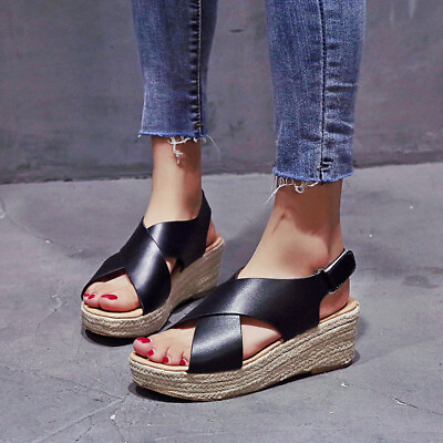 #ad Women Cross Strap Platform Wedge Espadrilles Shoes New Peep Toe Slingback Sandal $27.89