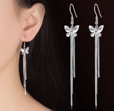 #ad Women Dangle Drop Butterfly Tassel Chain 3.3quot; Stud 925 Silver Post Earrings TH5 $4.95