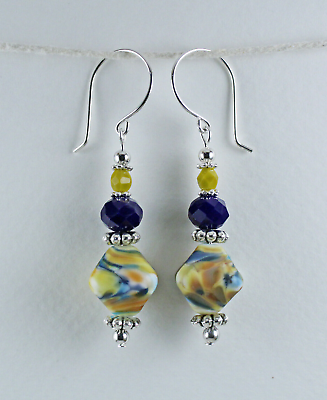 #ad Lampwork Earrings Handmade Blue Brown Yellow Glass Bead Dangle w Sterling Hooks $13.95