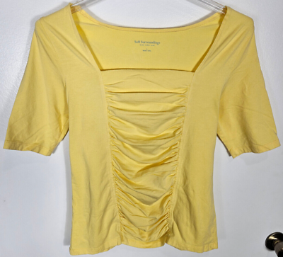 #ad Soft Surroundings Women#x27;s Large Yellow Ruched Front Shirt Top SS Square Neck $14.99