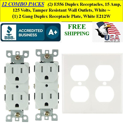 #ad 12 COMBO SETS 2 Dual Plug Outlets UL Listed 15 Amp and 2 Gang Wall Plate White $222.60