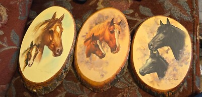 #ad 3 VTG Horse Wall Plaque Live Edge Wood Slice Lacquered Decoupage $36.00