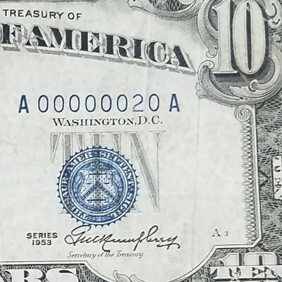 #ad LOWEST KNOWN SERIAL NUMBER 00000020 1953 $10 Silver Certificate LOW FANCY 7 KIND $999.20