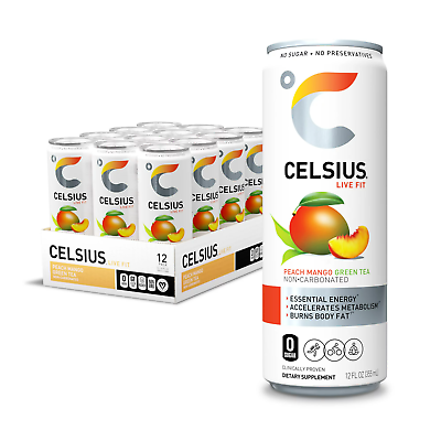 #ad CELSIUS Essential Energy Drink 12 Fl Oz Peach Mango Green Tea Pack Of 12 $21.48