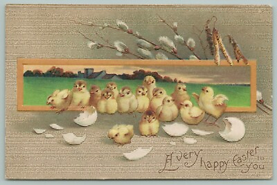 #ad Easter Happy Chicks Hop Through Landscape Portal Broken Shells Pussy Willows $10.00